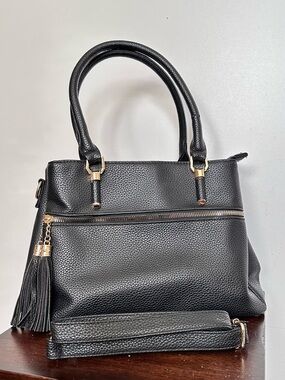 Kkxiu Black Pebbled Faux Leather Satchel with Tassel 3 Zipper Bag